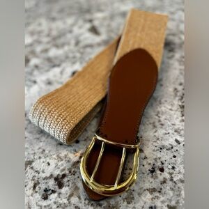 Ralph Lauren Beige Woven Elastic Belt with Brown Leather and Brass Buckle